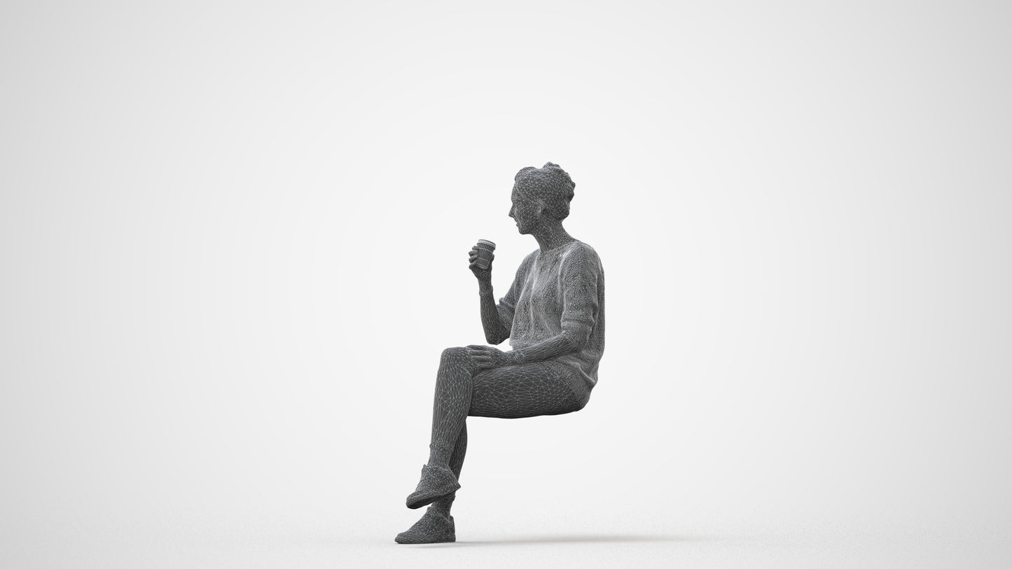scanned 3D woman casual sitting, photogrammetry people for Enscape and V-Ray, square thumbnail