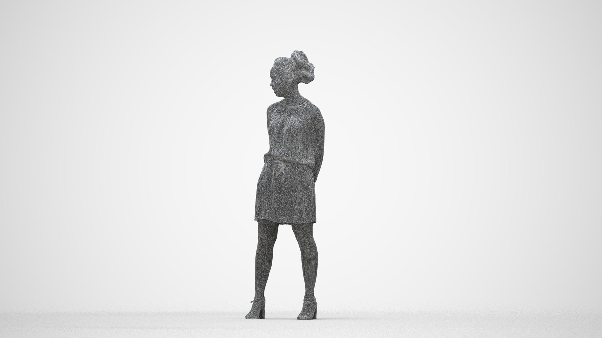 3D people model woman casual standing, scanned human for 3ds Max rendering, wireframe back view