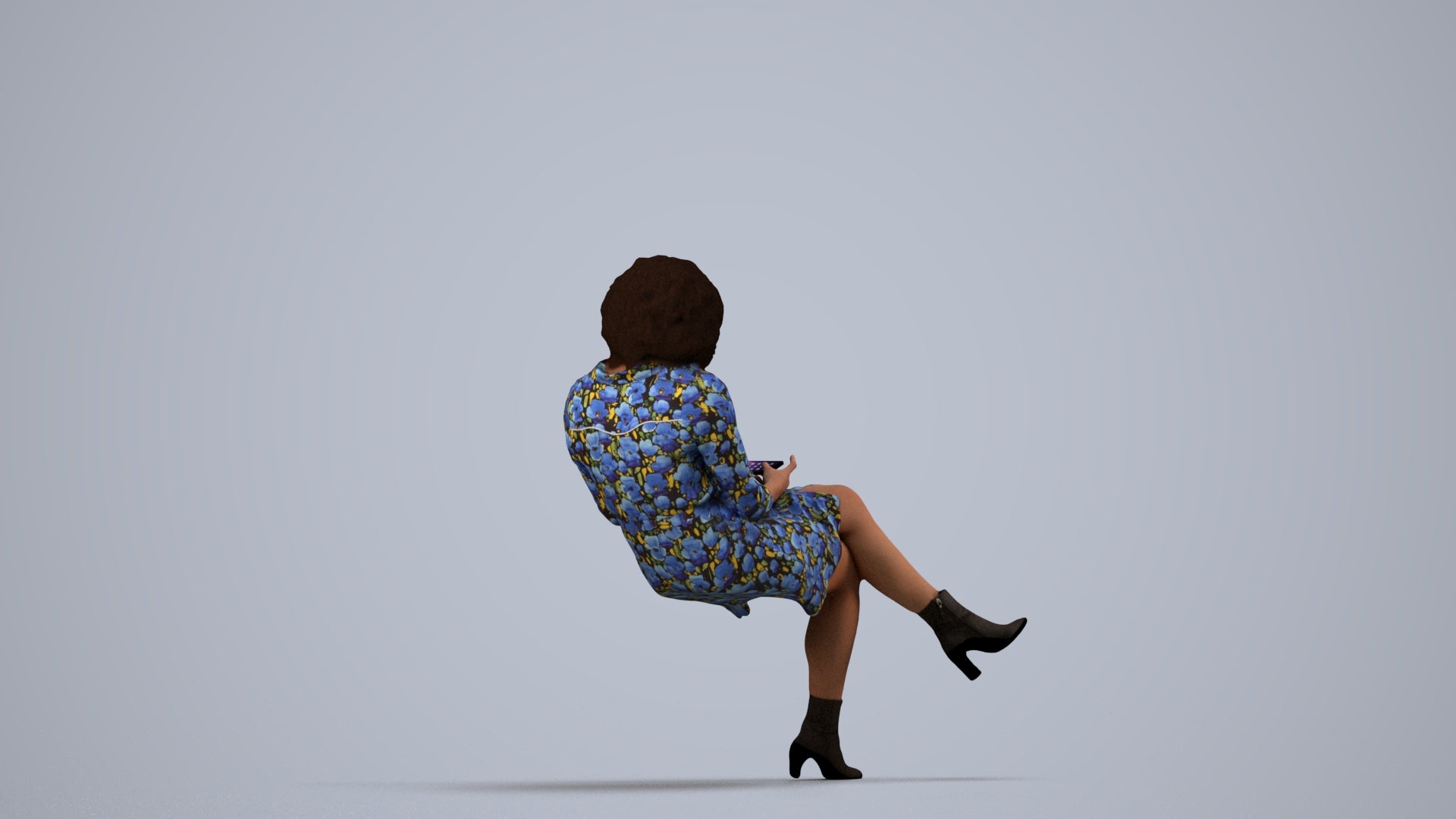 realistic 3D woman casual sitting, scanned archviz people for Blender and 3ds Max, side view render