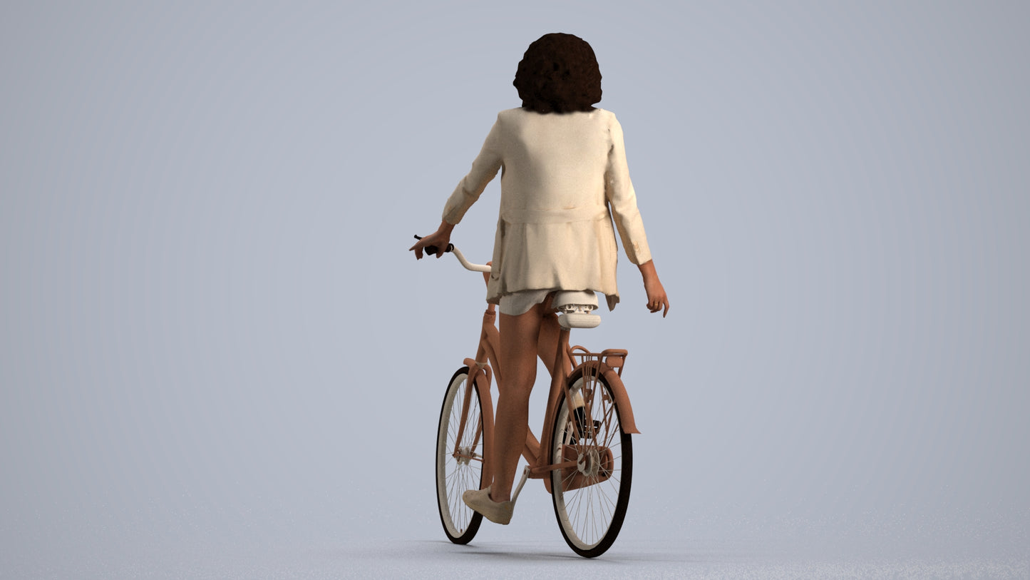 3D scanned woman cycling business, photorealistic archviz people for Enscape and SketchUp, front view render
