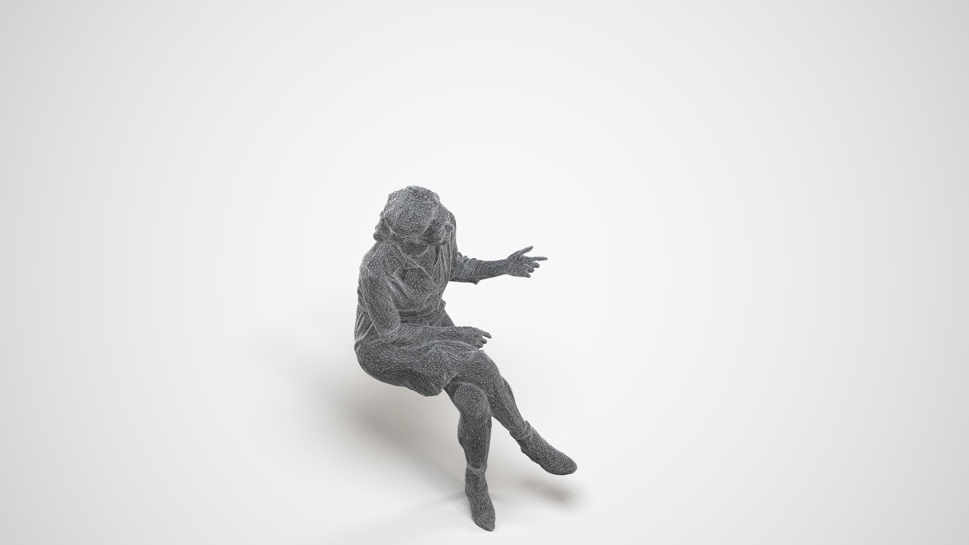 realistic 3D people woman casual sitting, render-ready for V-Ray and Corona, FBX OBJ, wireframe three-quarter view