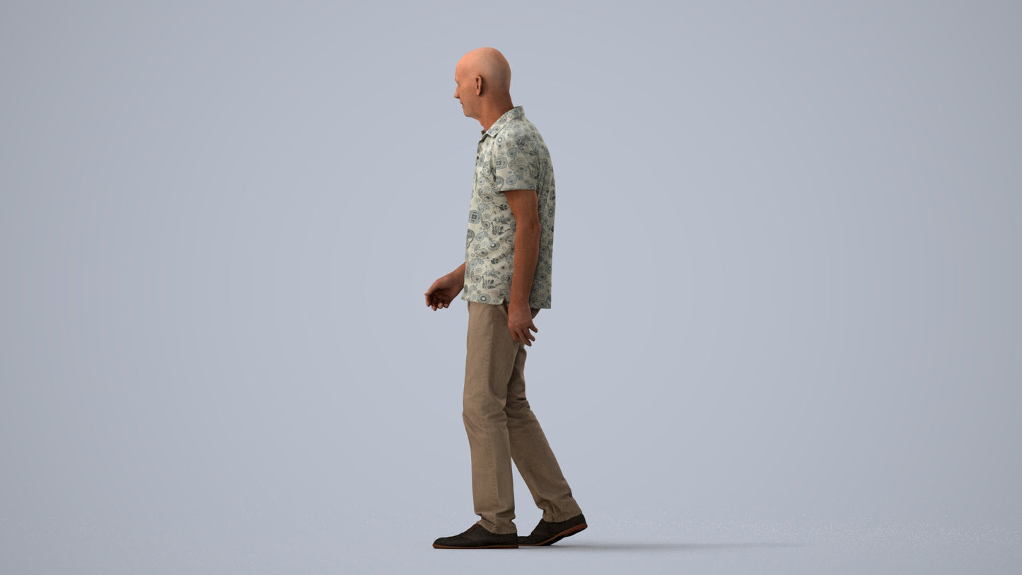 scanned 3D senior man casual walking, photogrammetry people for Enscape and V-Ray, three-quarter view render