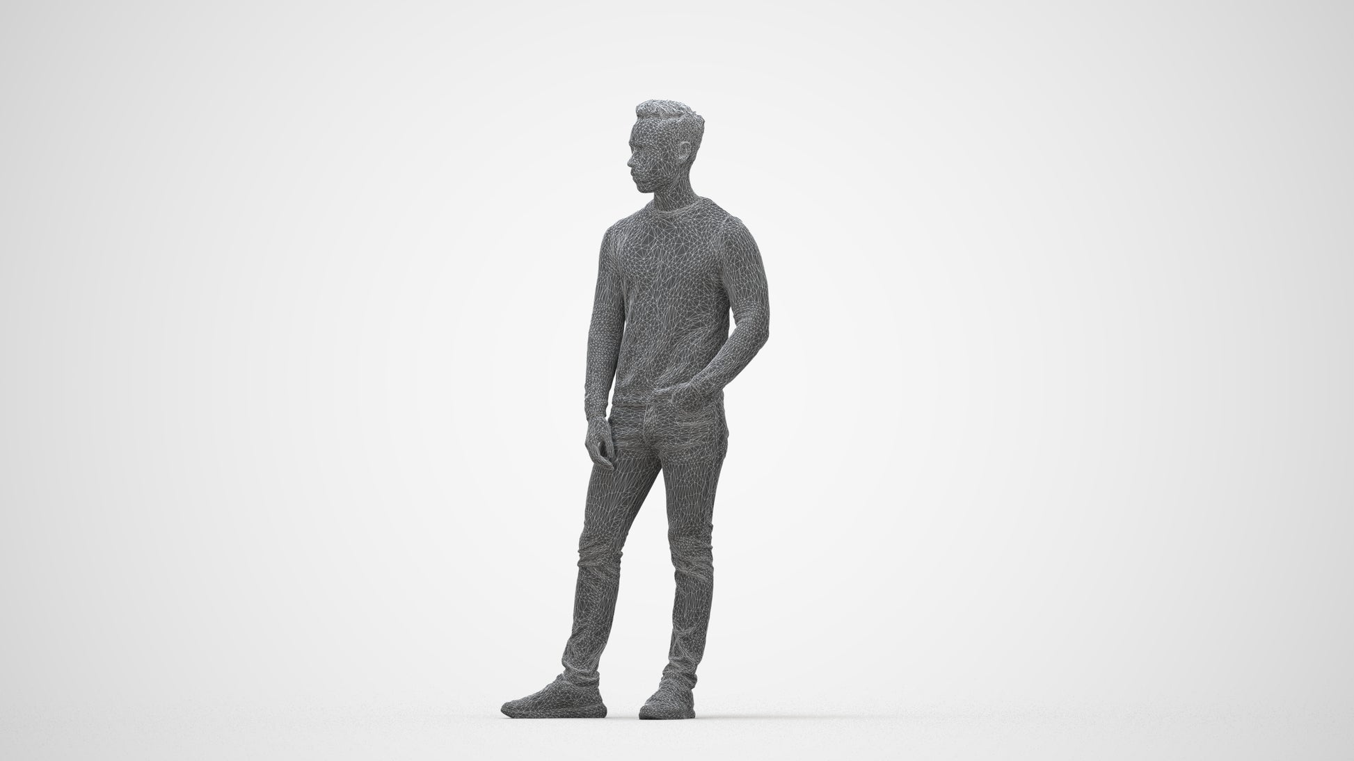 3D people model man casual standing, scanned human for 3ds Max rendering, wireframe back view