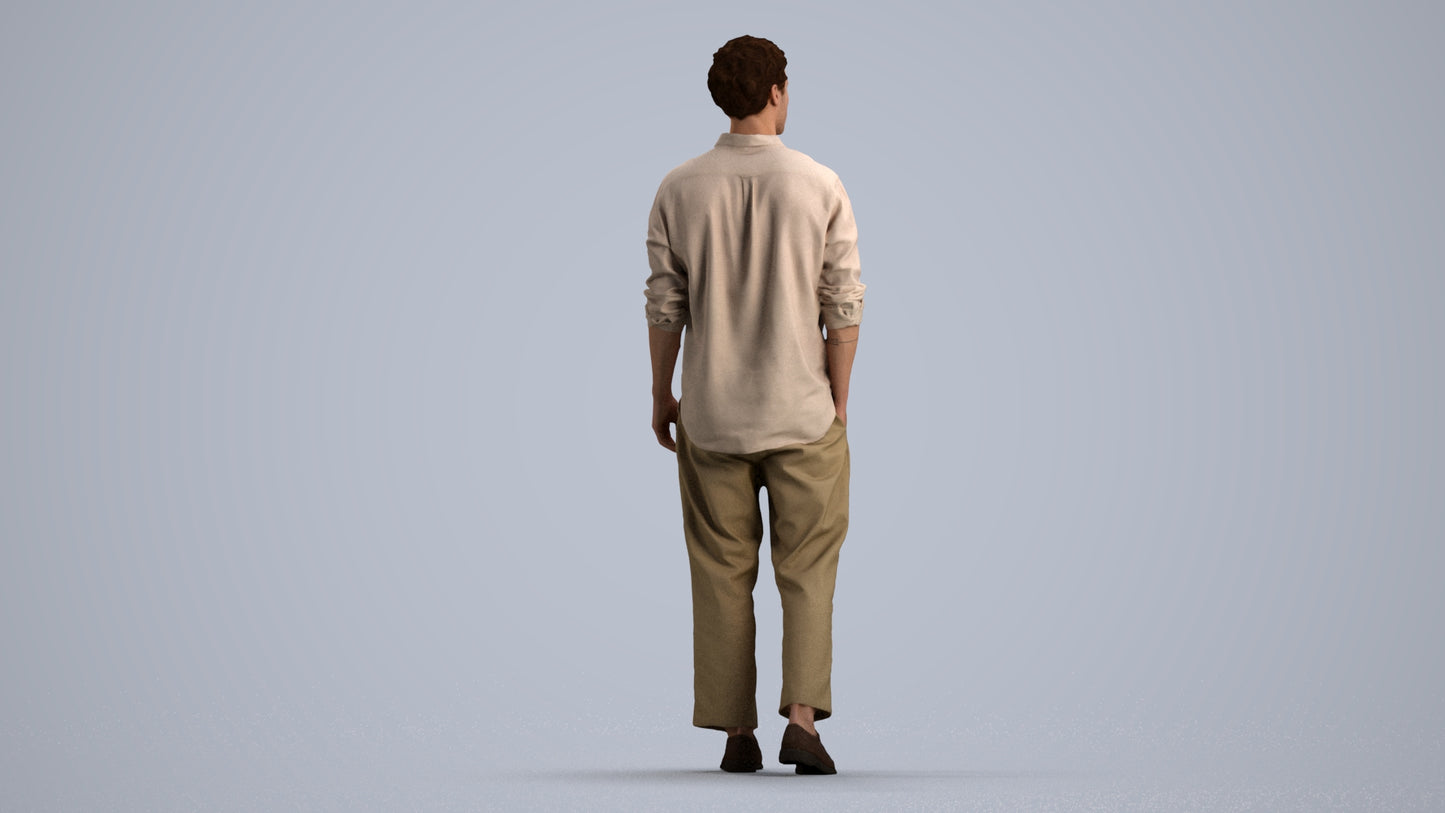 3D human model man casual walking, photogrammetry scanned person for archviz, three-quarter view render