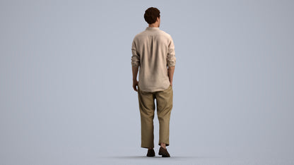 3D human model man casual walking, photogrammetry scanned person for archviz, three-quarter view render