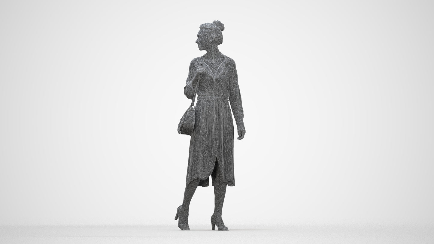 3D human model woman casual walking, photogrammetry scanned person for archviz, wireframe back view