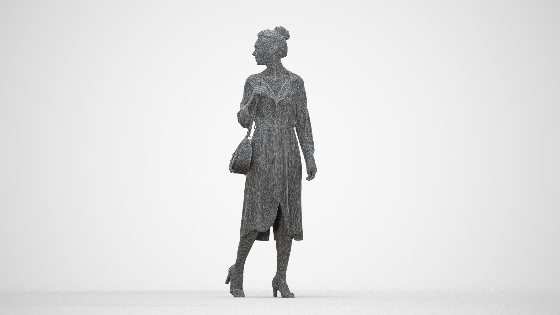 3D human model woman casual walking, photogrammetry scanned person for archviz, wireframe back view