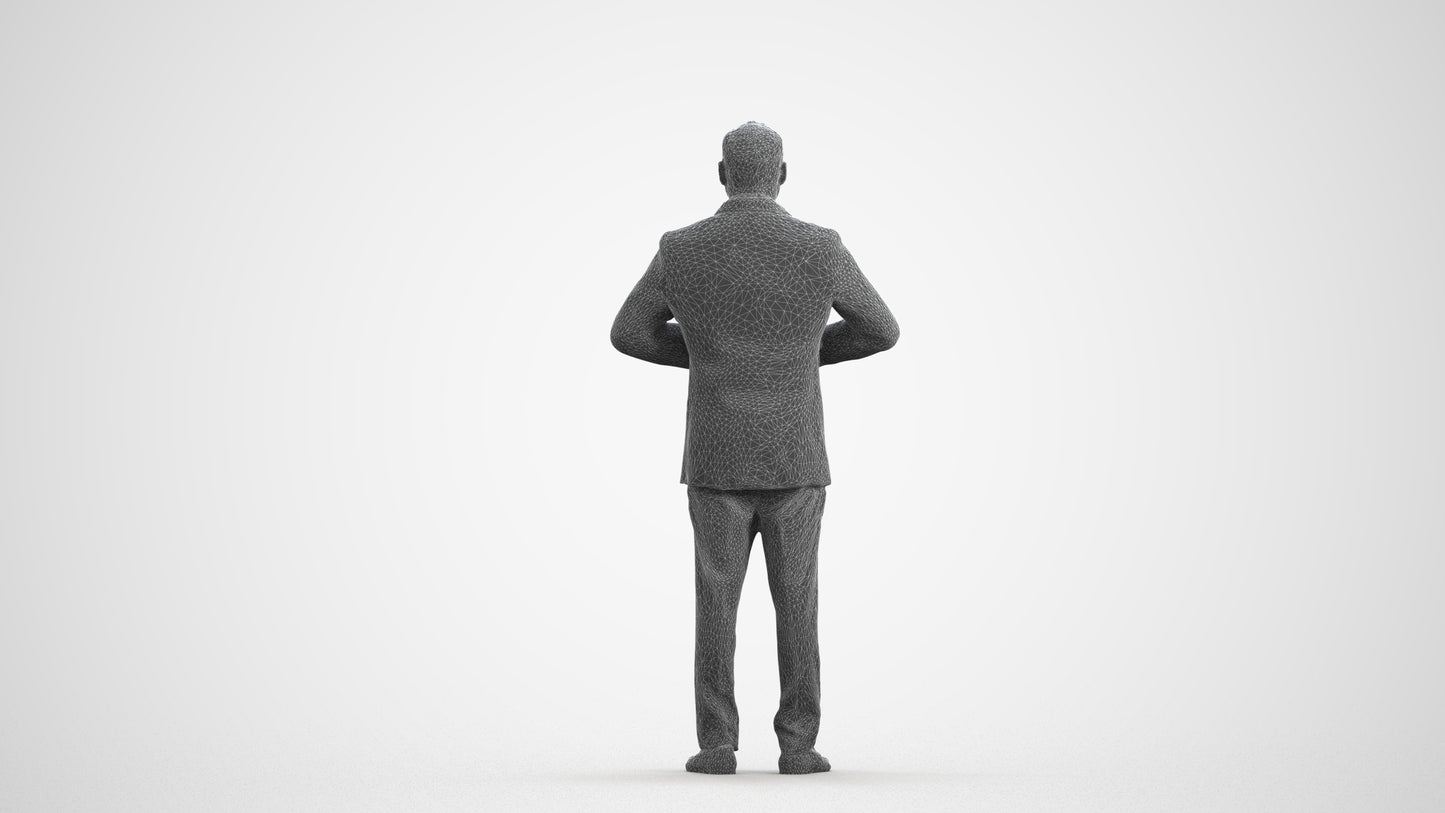 realistic 3D human man business standing, archviz people FBX OBJ for Blender, wireframe front view