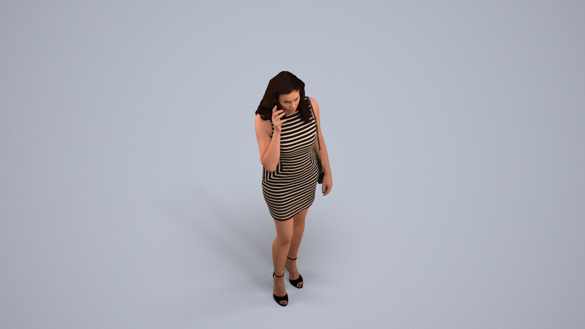 3D human model woman casual standing, photogrammetry scanned person for archviz, back view render
