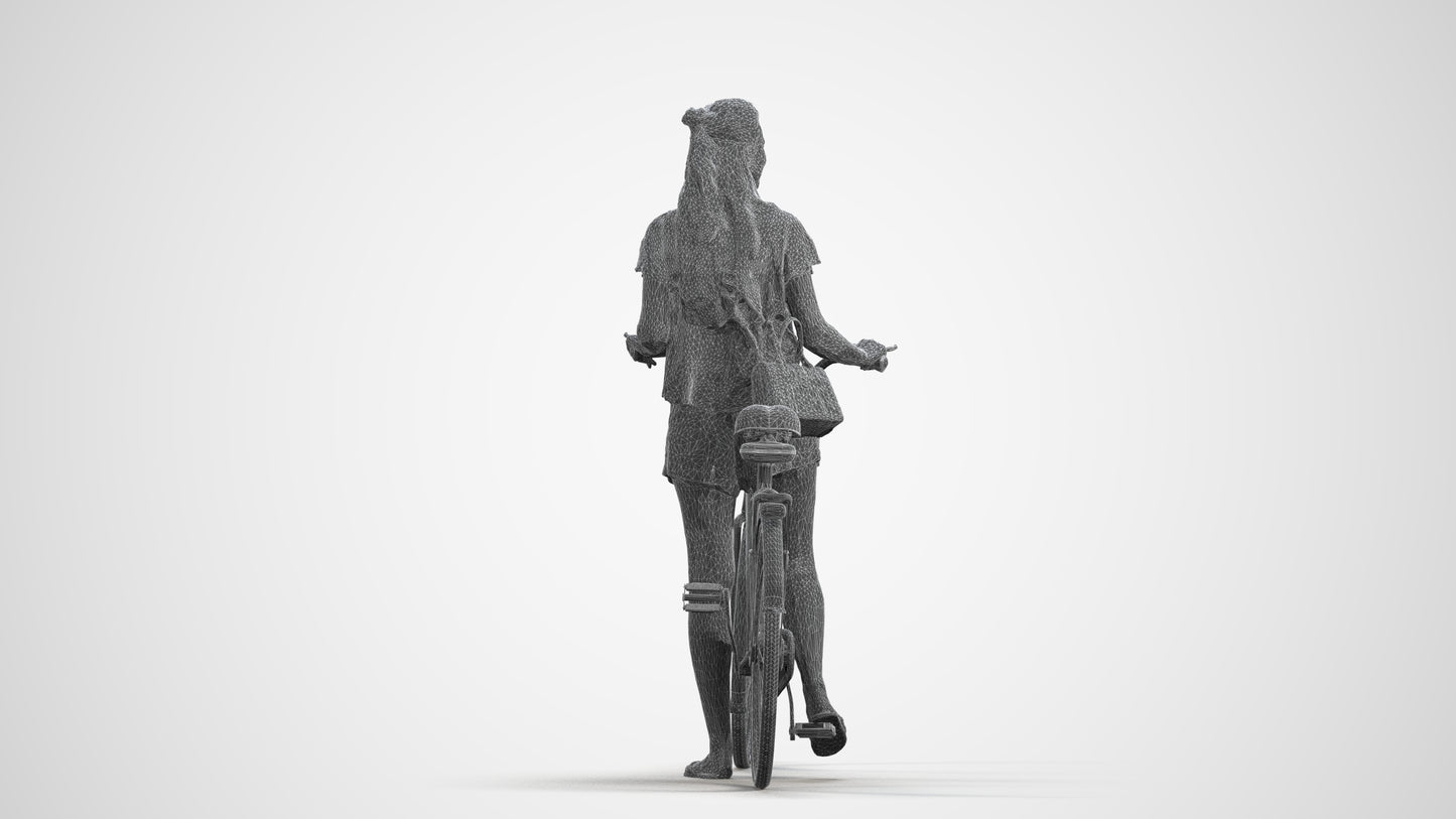 realistic 3D woman casual cycling, scanned archviz people for Blender and 3ds Max, wireframe front view