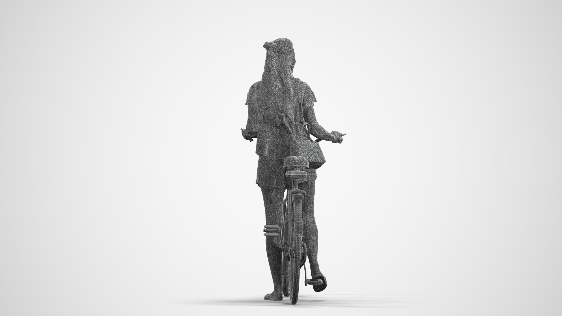 realistic 3D woman casual cycling, scanned archviz people for Blender and 3ds Max, wireframe front view