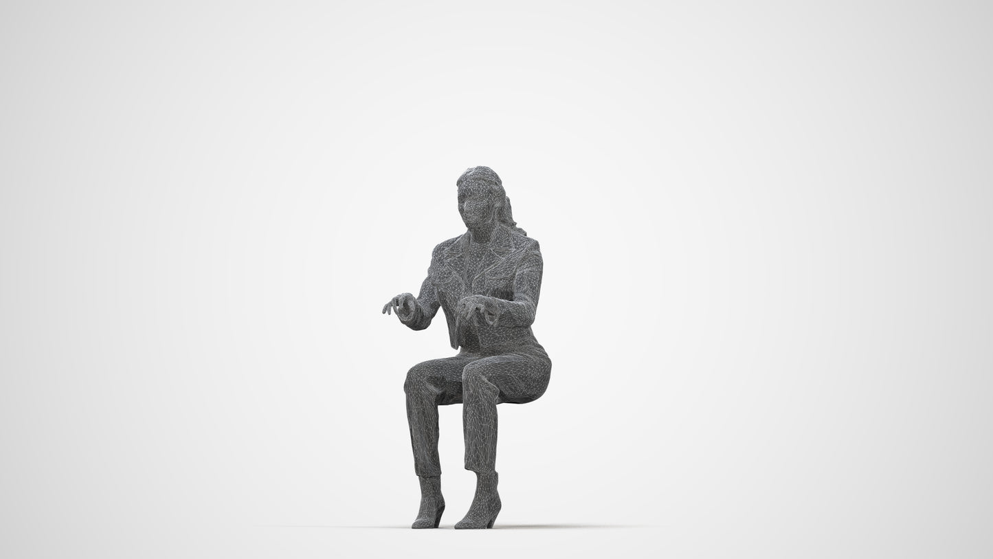 3D human model woman business sitting, photogrammetry scanned person for archviz, wireframe back view