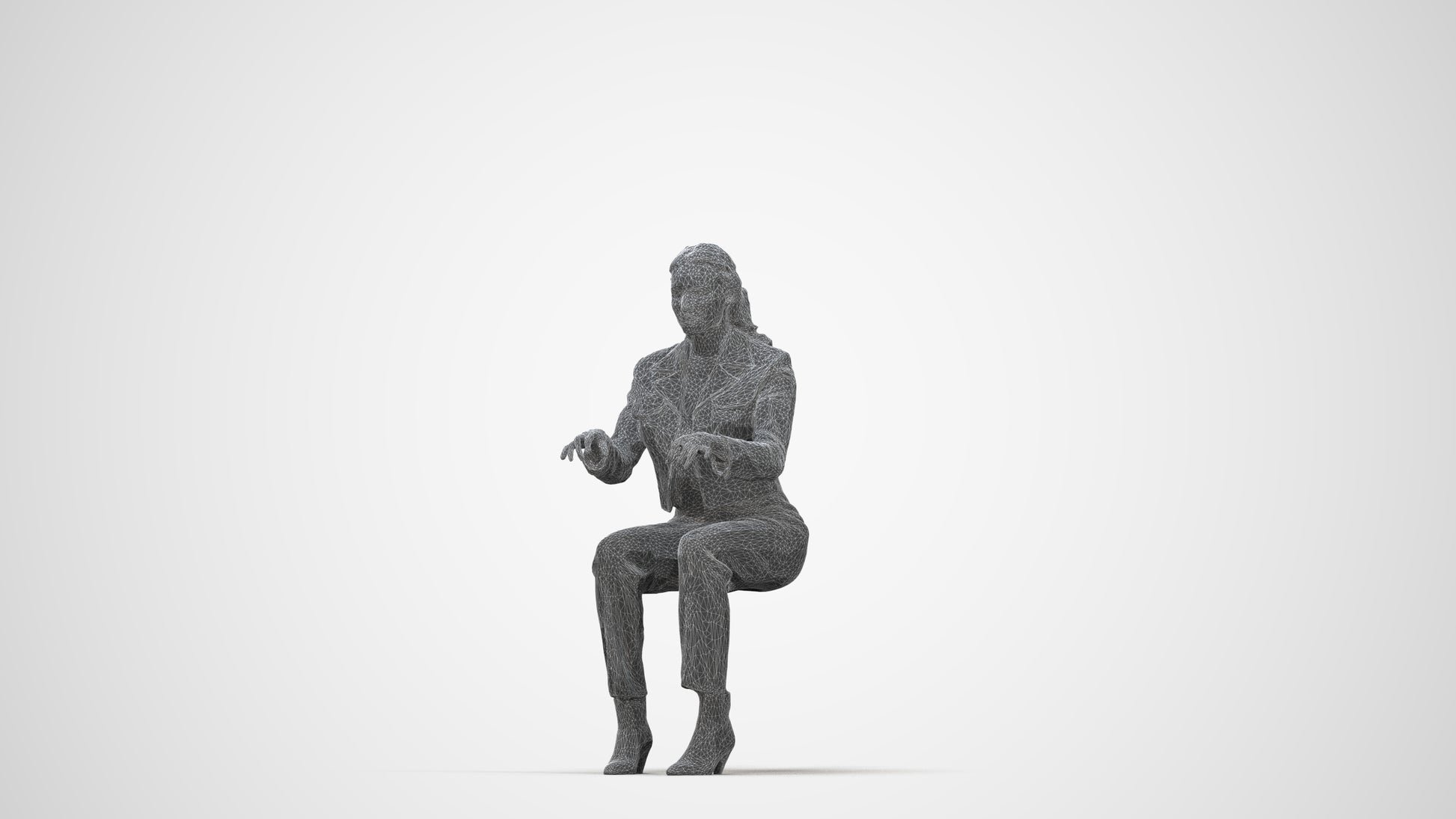 3D human model woman business sitting, photogrammetry scanned person for archviz, wireframe back view