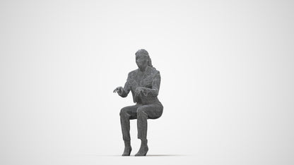 3D human model woman business sitting, photogrammetry scanned person for archviz, wireframe back view