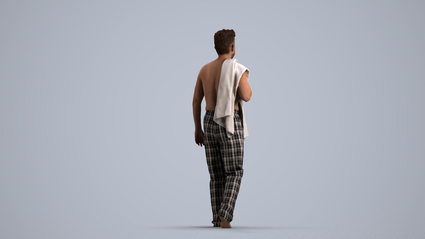 3D human model person bathroom, photogrammetry scanned person for archviz, front view render