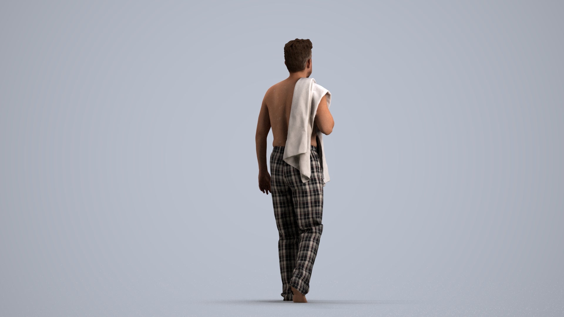 3D human model person bathroom, photogrammetry scanned person for archviz, front view render