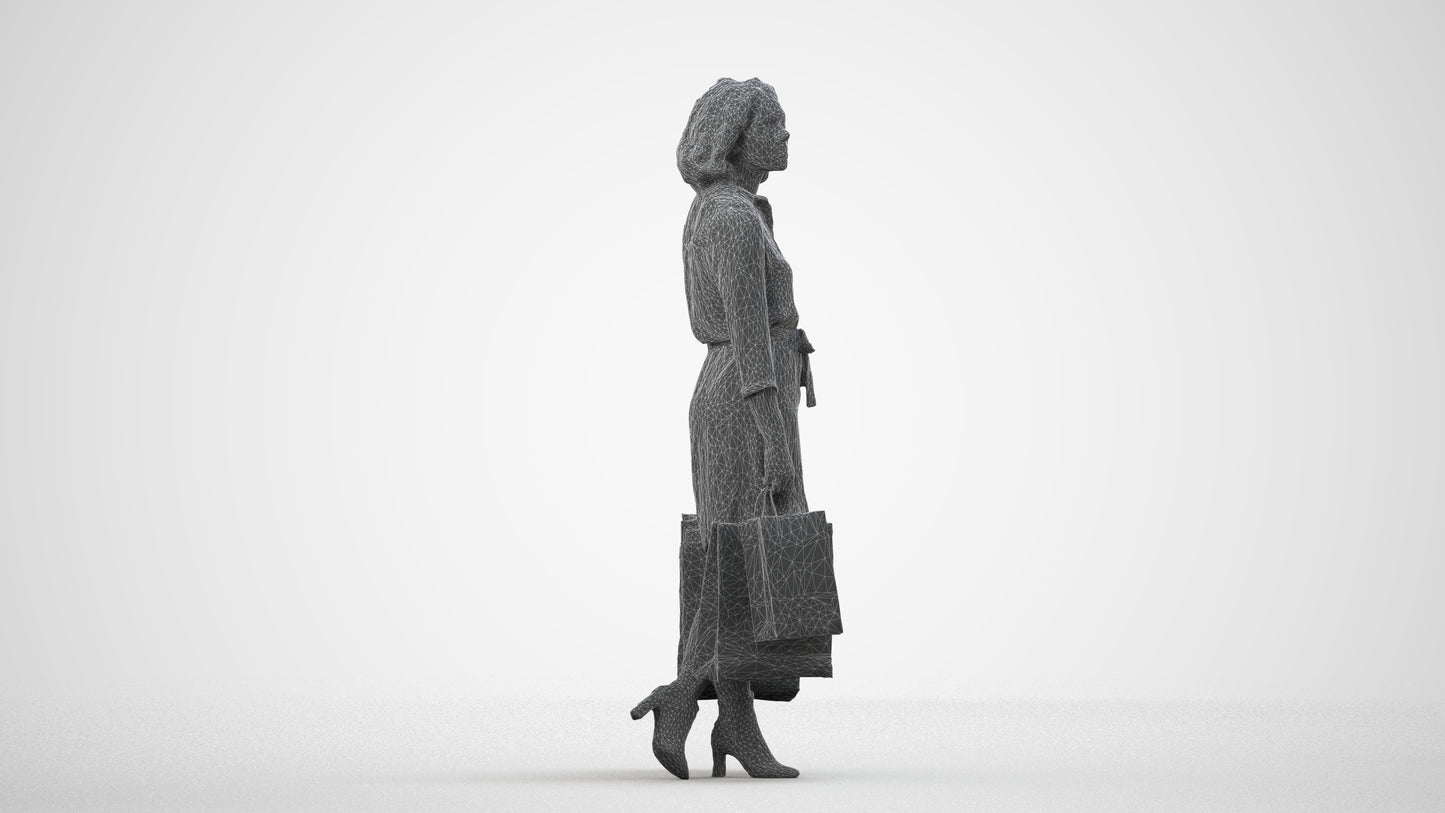 3D human model woman casual shopping, photogrammetry scanned person for archviz, wireframe side view