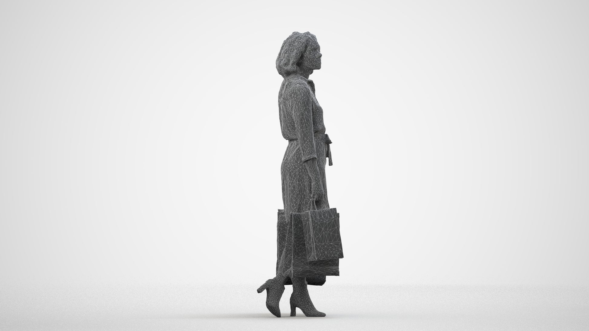 3D human model woman casual shopping, photogrammetry scanned person for archviz, wireframe side view