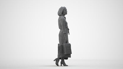 3D human model woman casual shopping, photogrammetry scanned person for archviz, wireframe side view