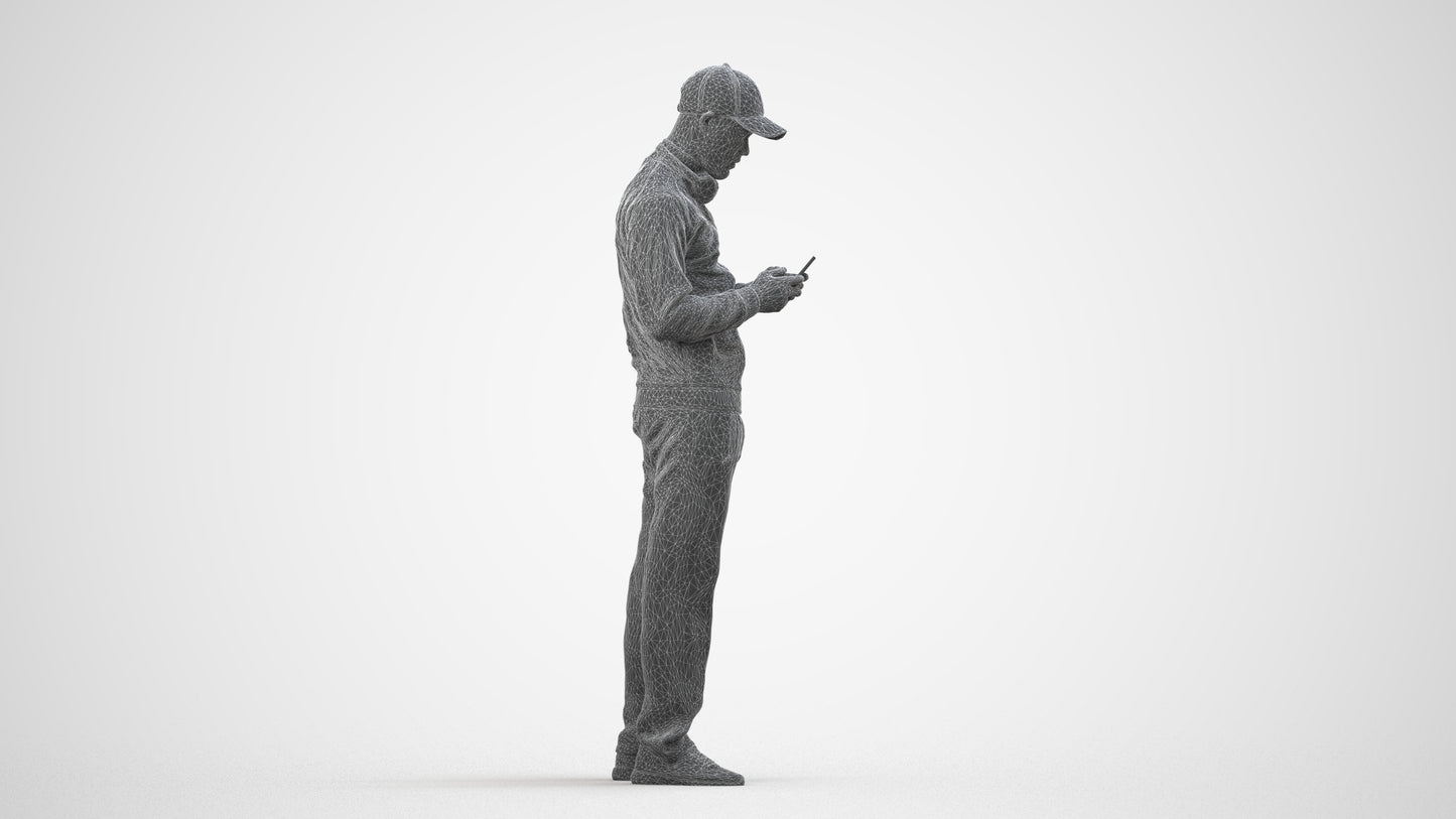 3D human model man sport standing, photogrammetry scanned person for archviz, wireframe side view