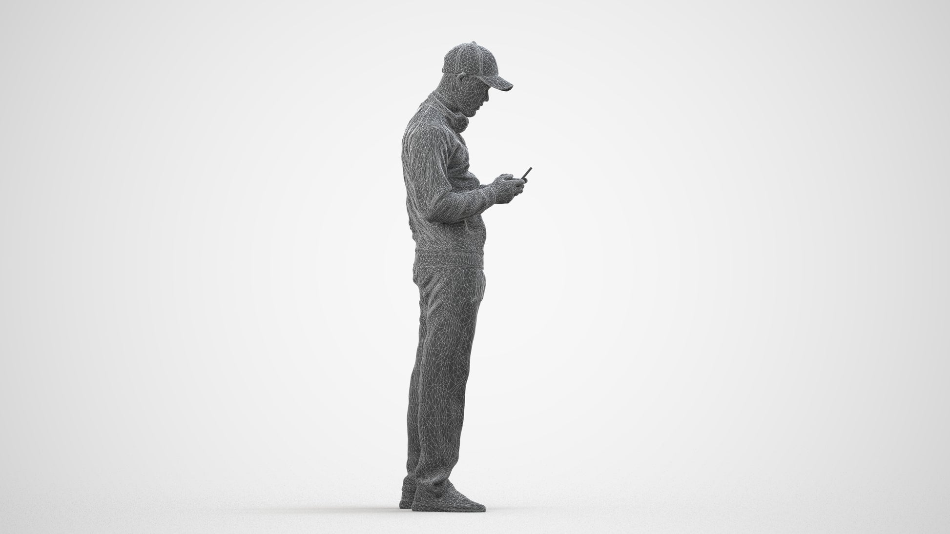 3D human model man sport standing, photogrammetry scanned person for archviz, wireframe side view