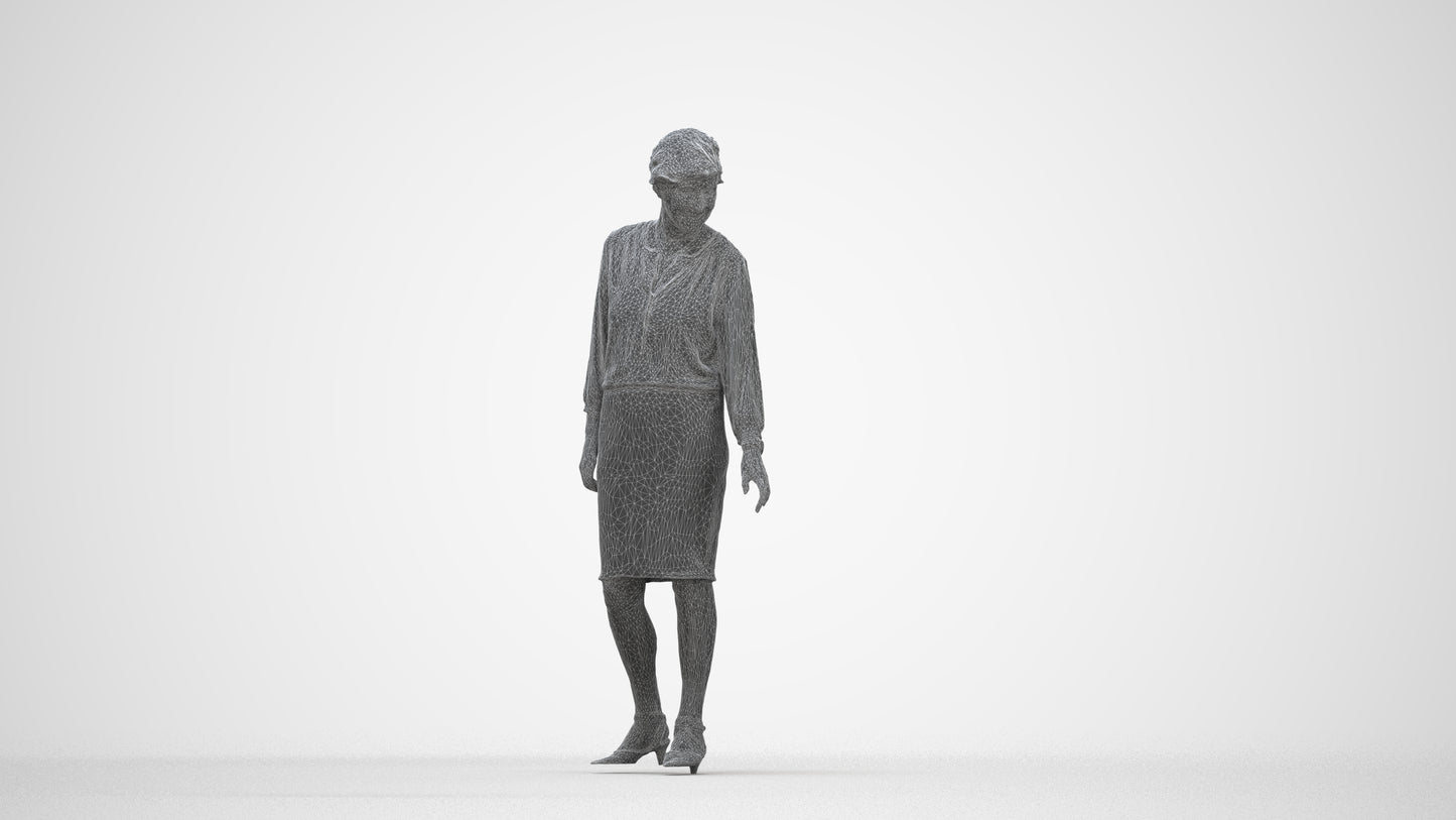 3D human model senior woman business standing, photogrammetry scanned person for archviz, wireframe back view