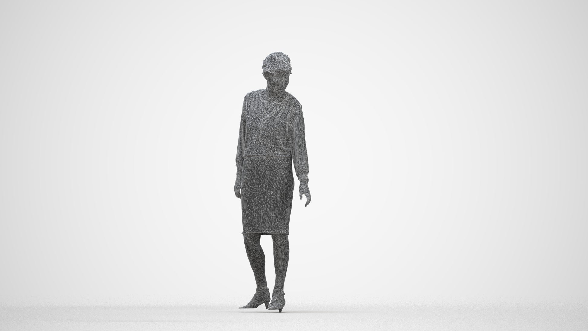 3D human model senior woman business standing, photogrammetry scanned person for archviz, wireframe back view