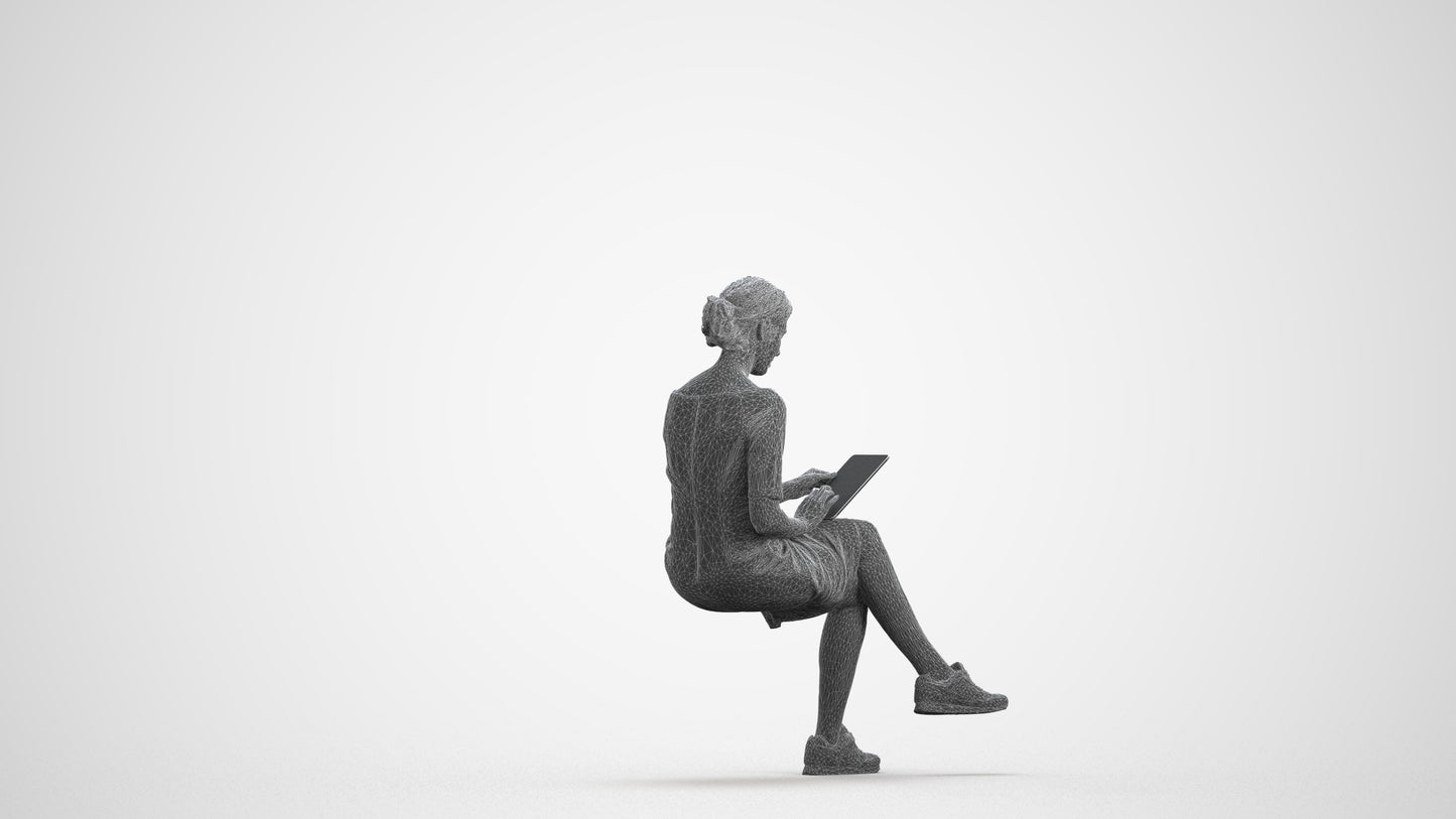 3D people model woman casual sitting, scanned human for 3ds Max rendering, wireframe front view