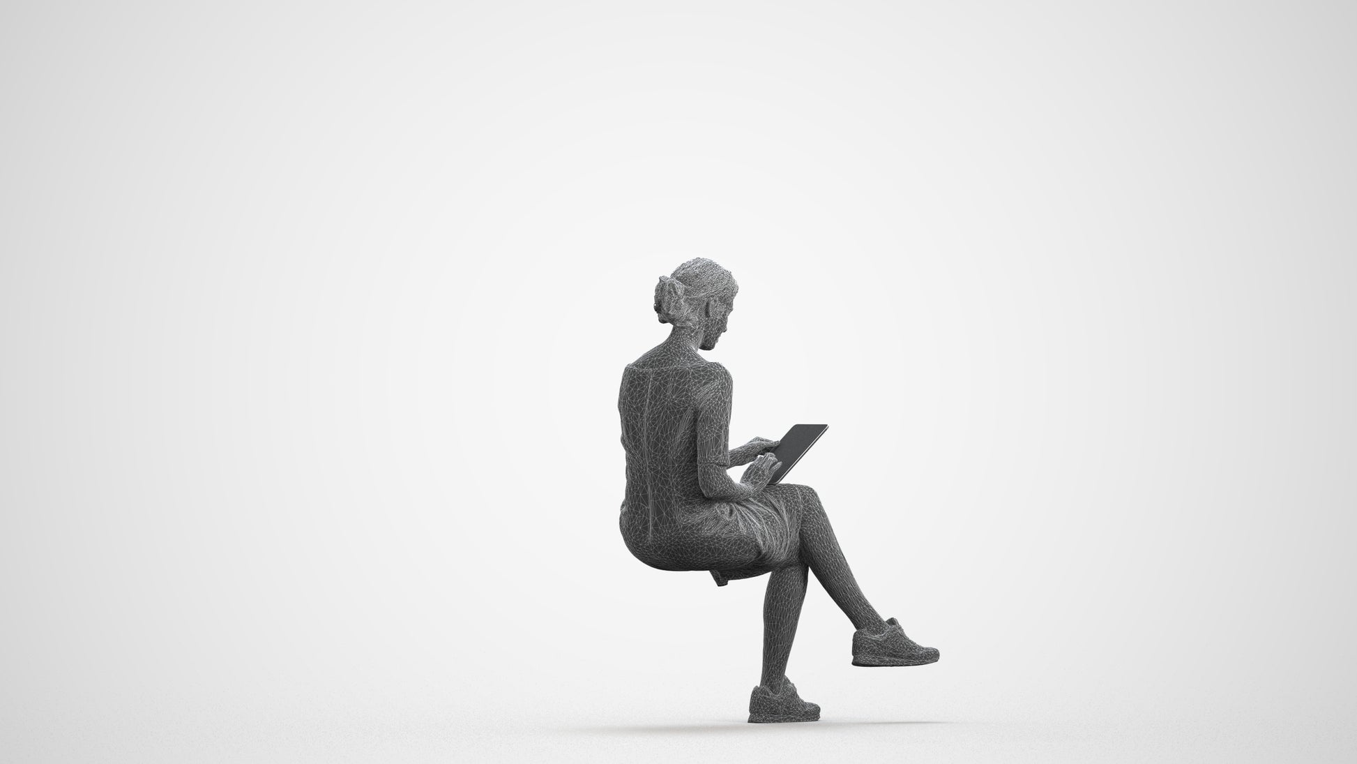3D people model woman casual sitting, scanned human for 3ds Max rendering, wireframe front view