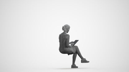 3D people model woman casual sitting, scanned human for 3ds Max rendering, wireframe front view