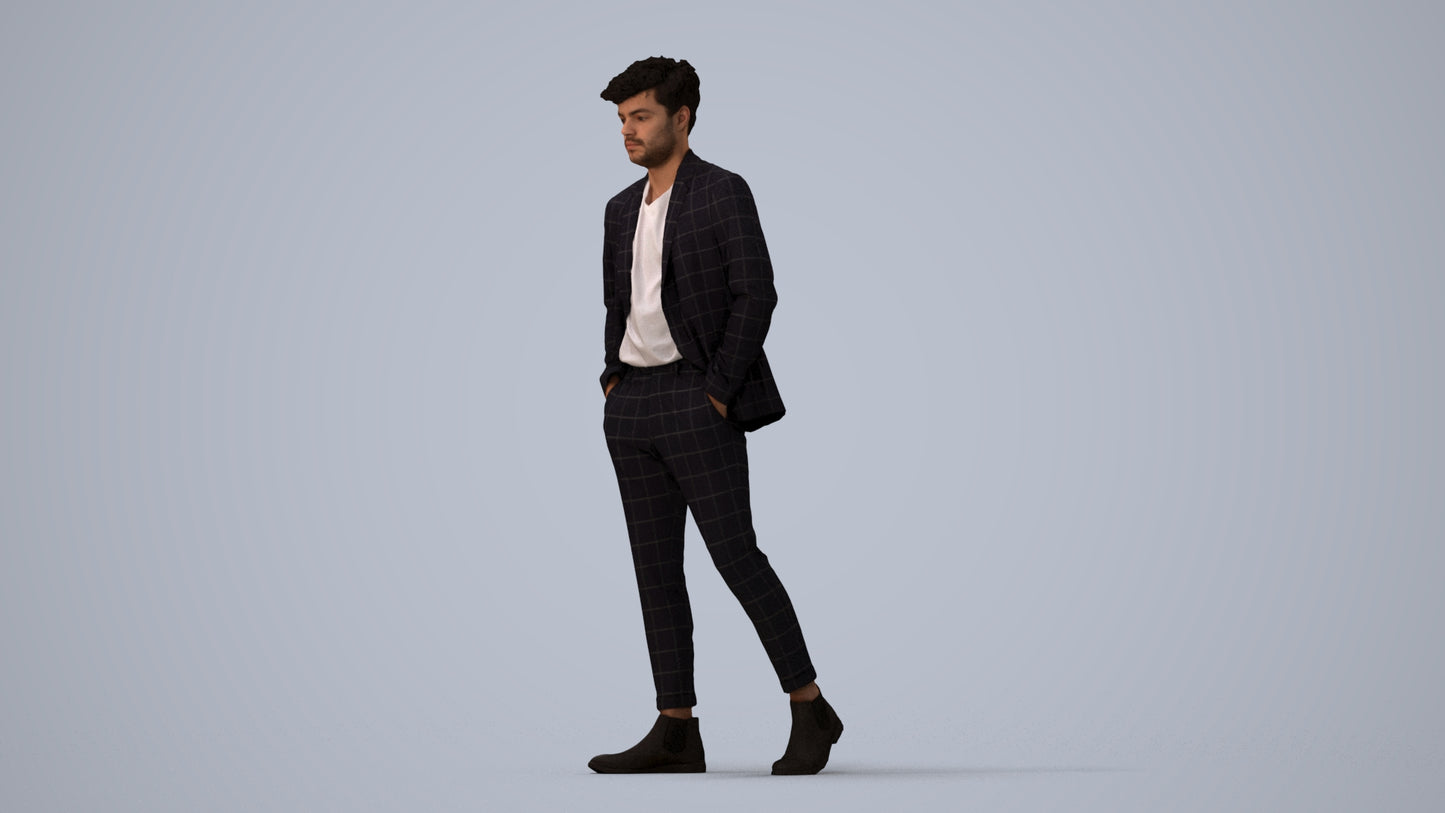 3D human model man business walking, photogrammetry scanned person for archviz, three-quarter view render