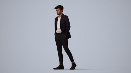 3D human model man business walking, photogrammetry scanned person for archviz, three-quarter view render