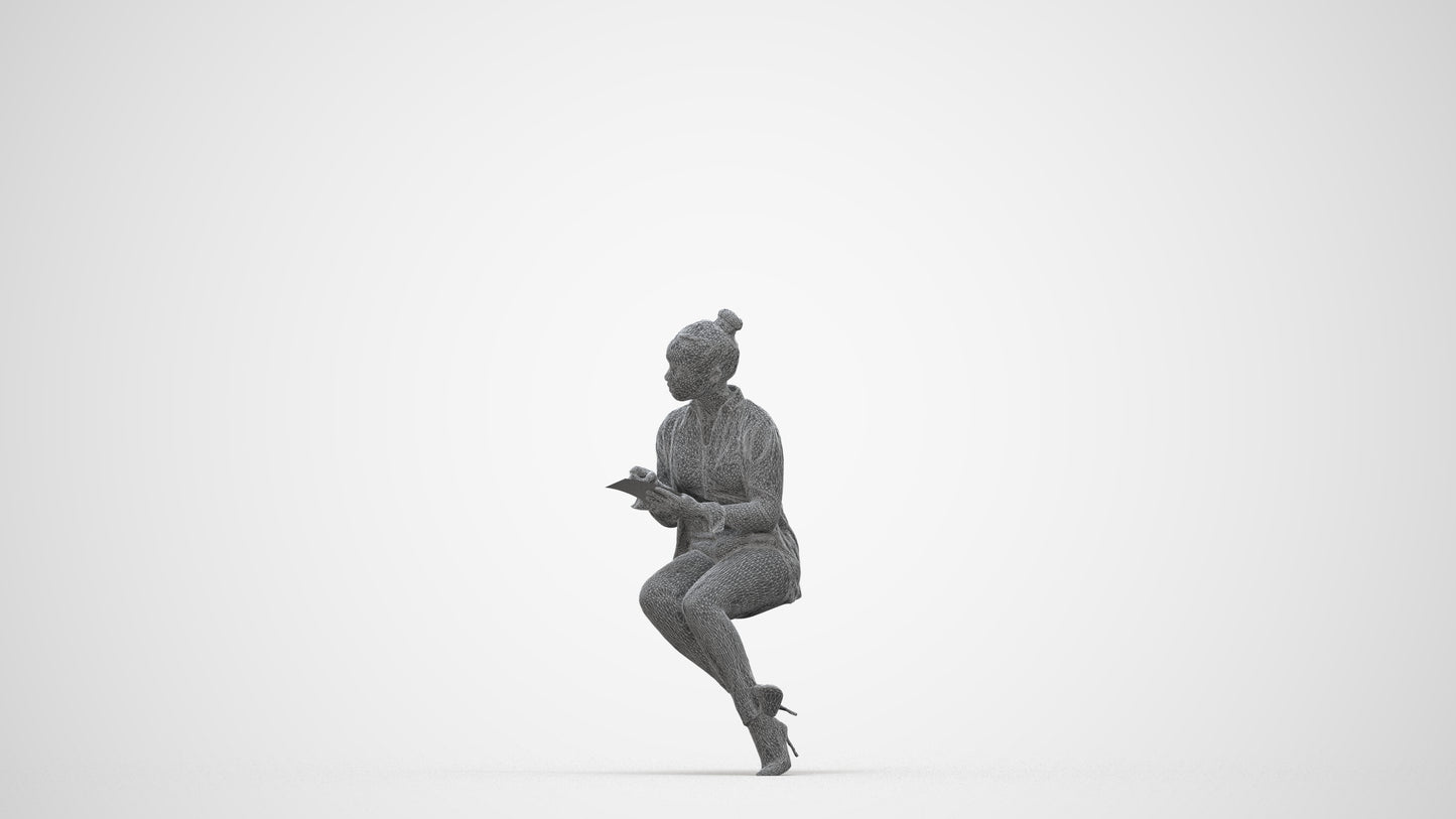 realistic 3D woman business sitting, scanned archviz people for Blender and 3ds Max, wireframe back view