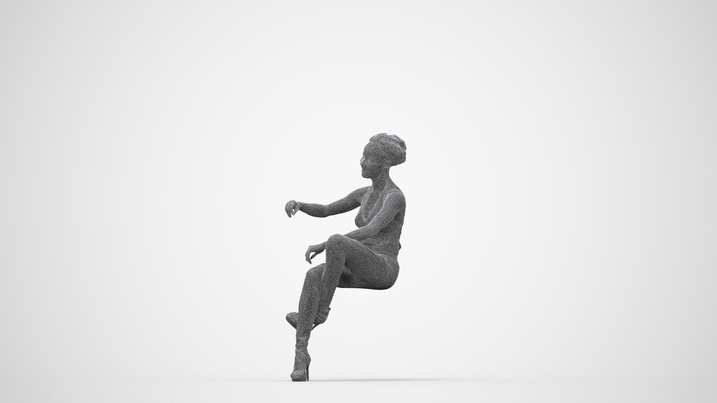 3D people model woman casual sitting, scanned human for 3ds Max rendering, wireframe back view