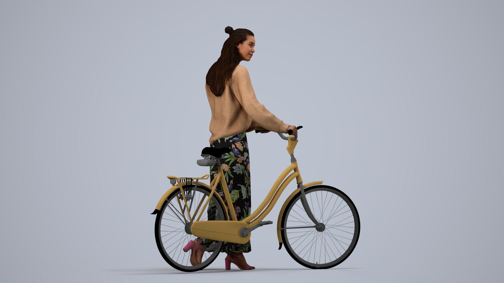 realistic 3D human woman casual cycling, archviz people FBX OBJ for Blender, side view render