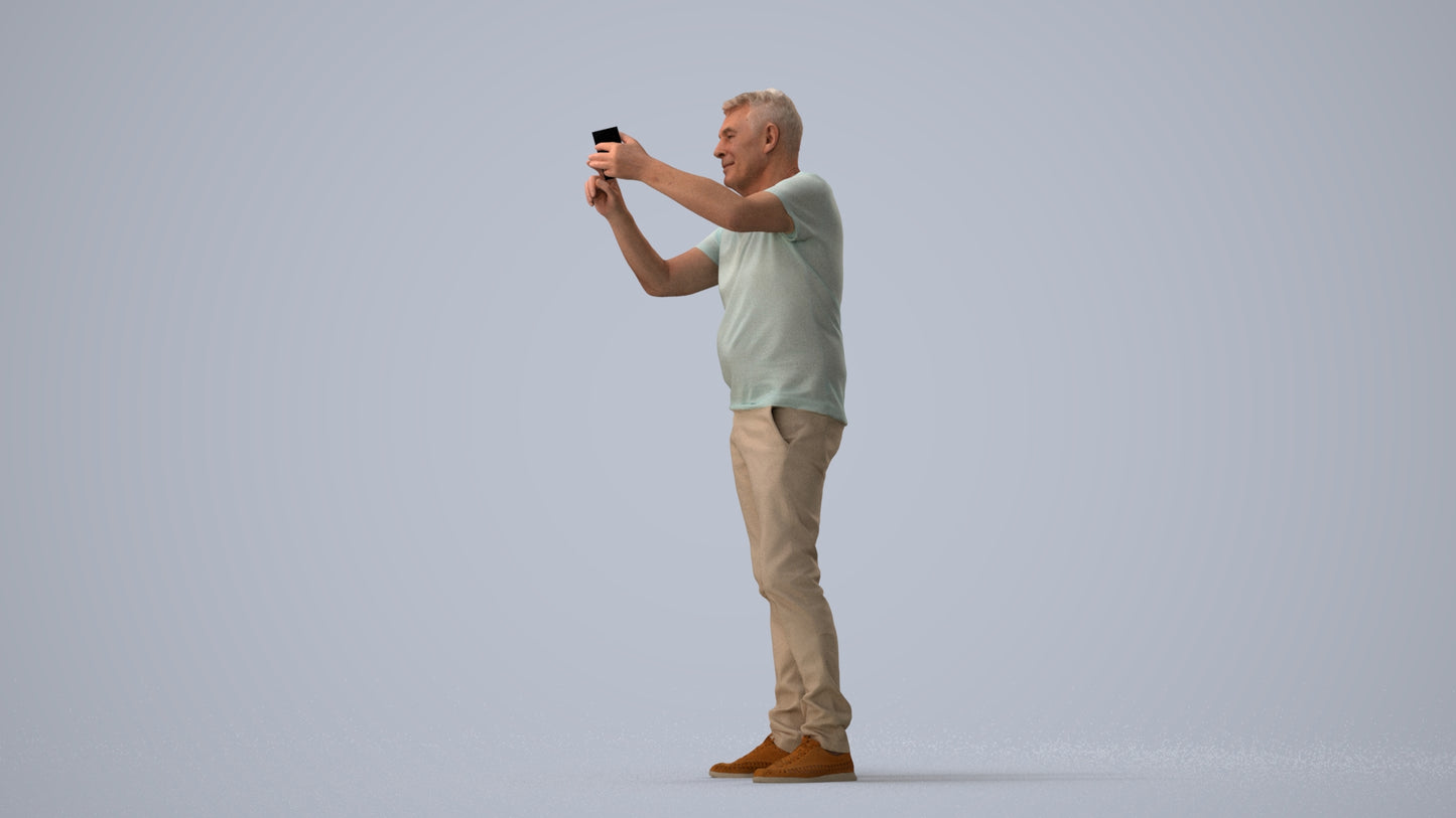 3D human model senior man casual standing, photogrammetry scanned person for archviz, three-quarter view render