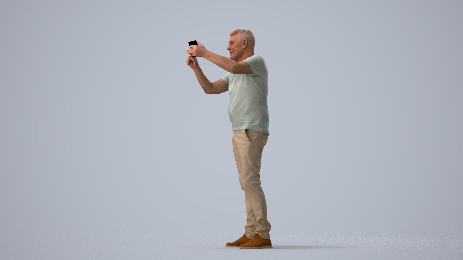 3D human model senior man casual standing, photogrammetry scanned person for archviz, three-quarter view render