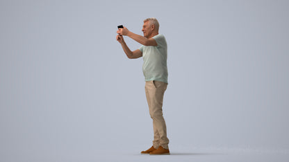 3D human model senior man casual standing, photogrammetry scanned person for archviz, three-quarter view render