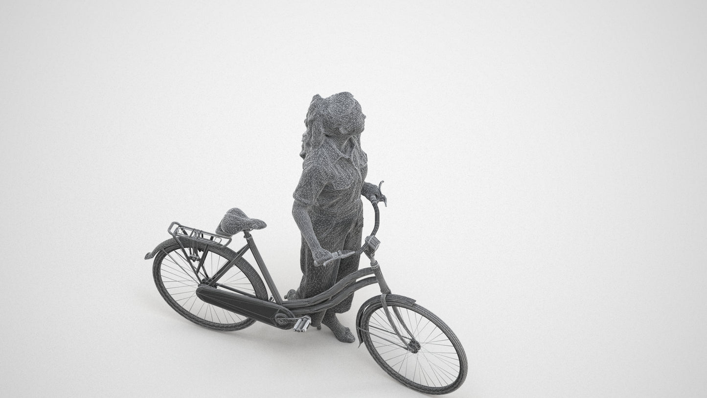 realistic 3D woman formal cycling, scanned archviz people for Blender and 3ds Max, wireframe three-quarter view