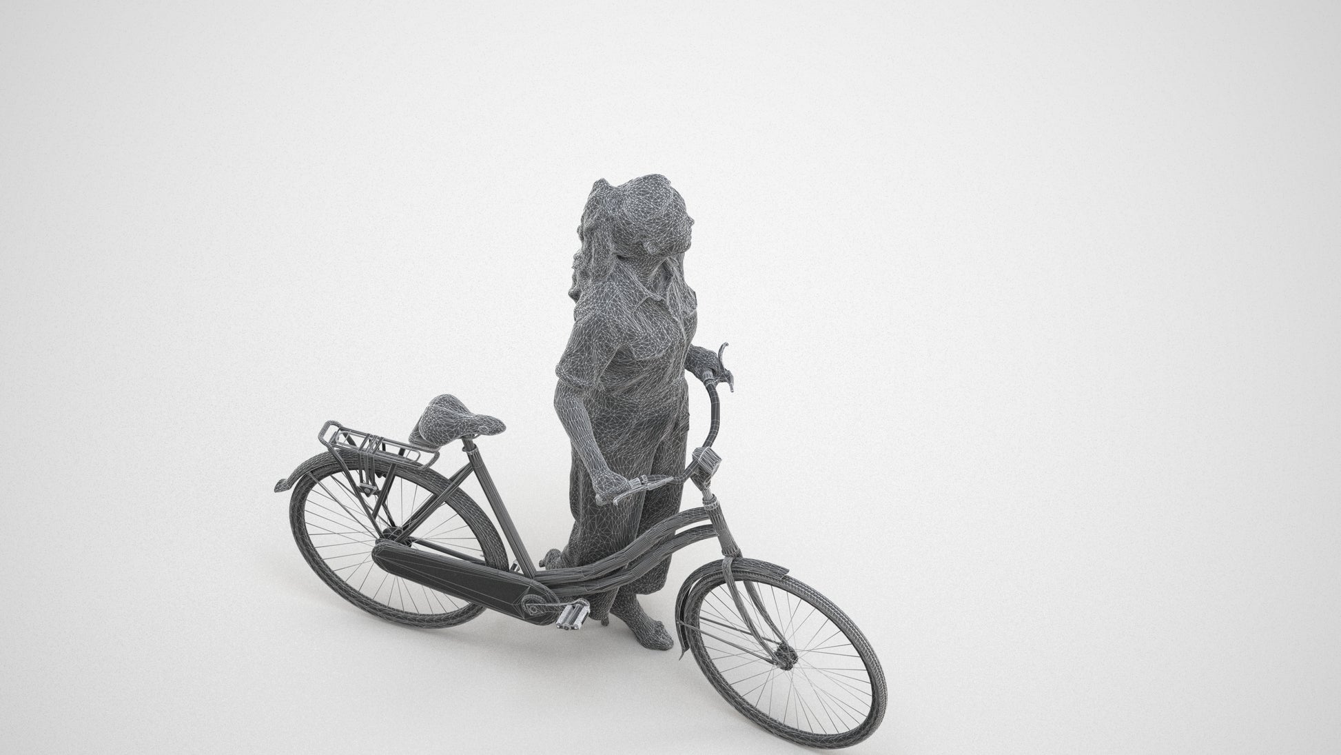 realistic 3D woman formal cycling, scanned archviz people for Blender and 3ds Max, wireframe three-quarter view