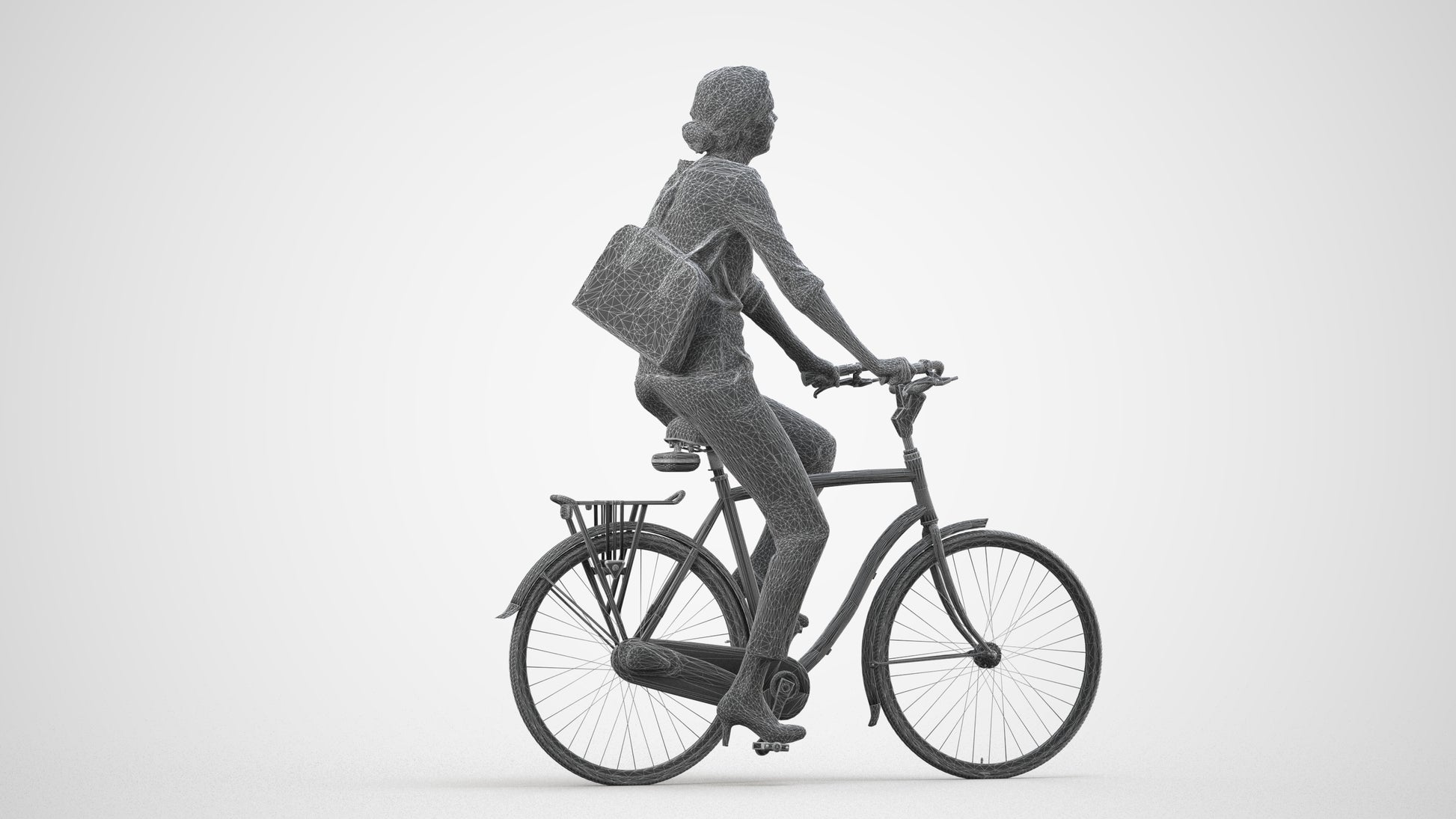 3D scanned woman cycling casual, photorealistic archviz people for Enscape and SketchUp, wireframe side view