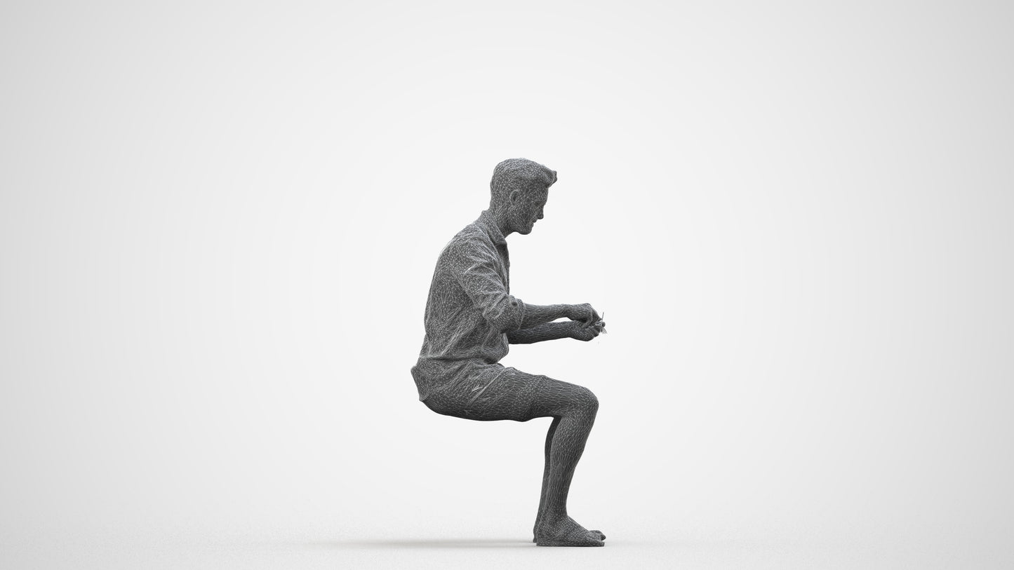 scanned 3D man casual sitting, photogrammetry people for Enscape and V-Ray, wireframe side view