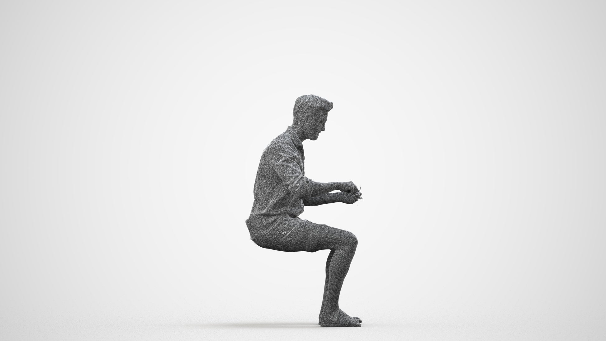 scanned 3D man casual sitting, photogrammetry people for Enscape and V-Ray, wireframe side view