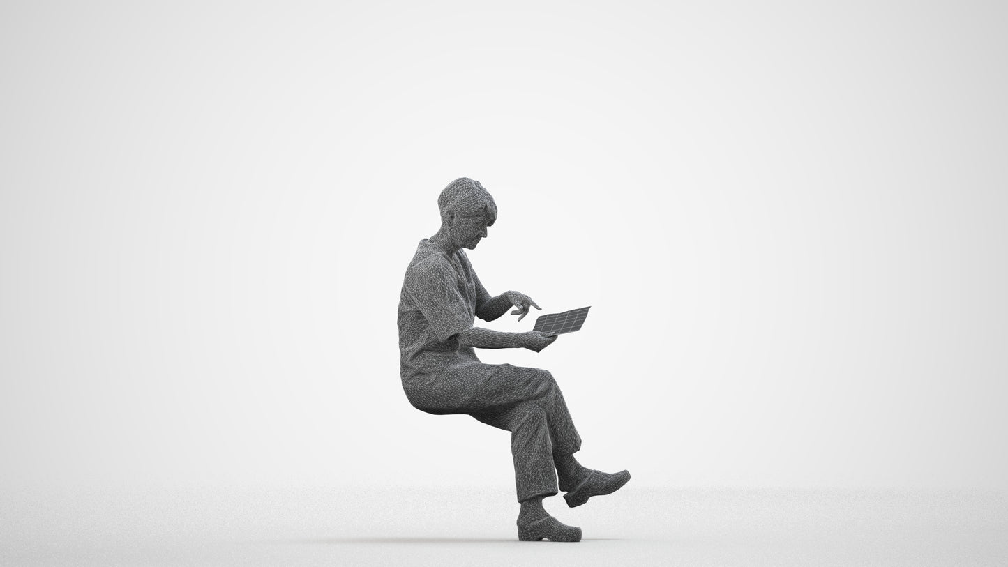 realistic 3D senior woman medical, scanned archviz people for Blender and 3ds Max, wireframe side view
