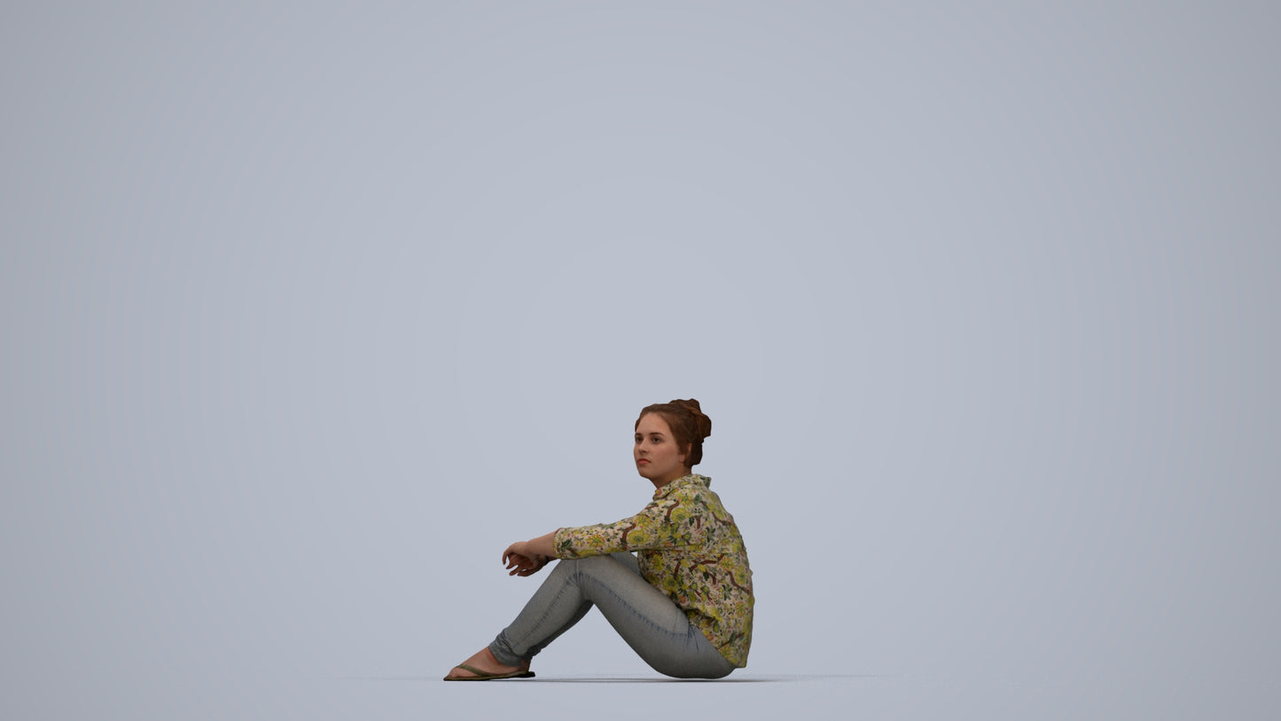 photogrammetry 3D woman casual sitting, realistic human model archviz FBX, top-down view render