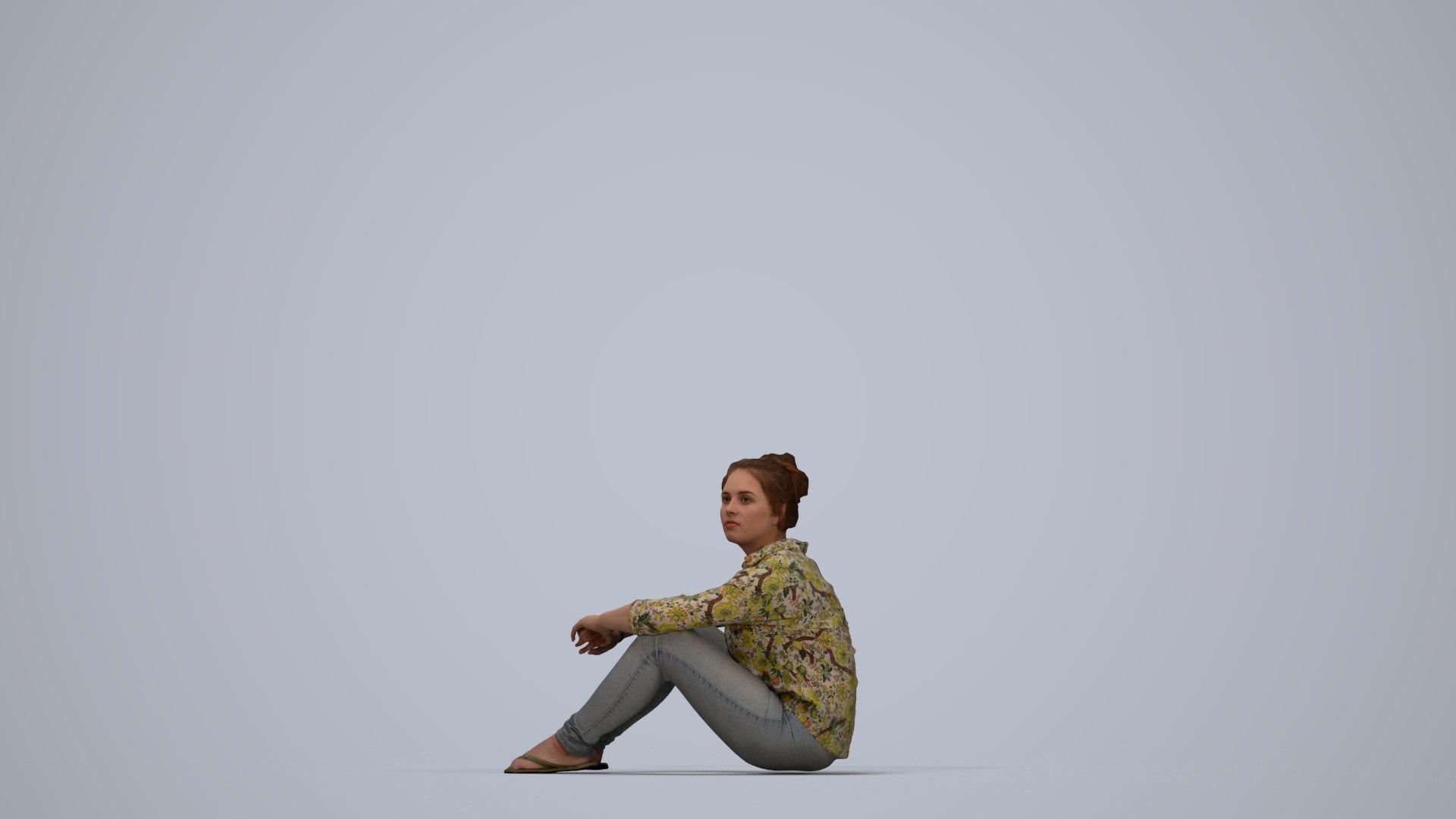 photogrammetry 3D woman casual sitting, realistic human model archviz FBX, top-down view render
