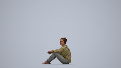 photogrammetry 3D woman casual sitting, realistic human model archviz FBX, top-down view render