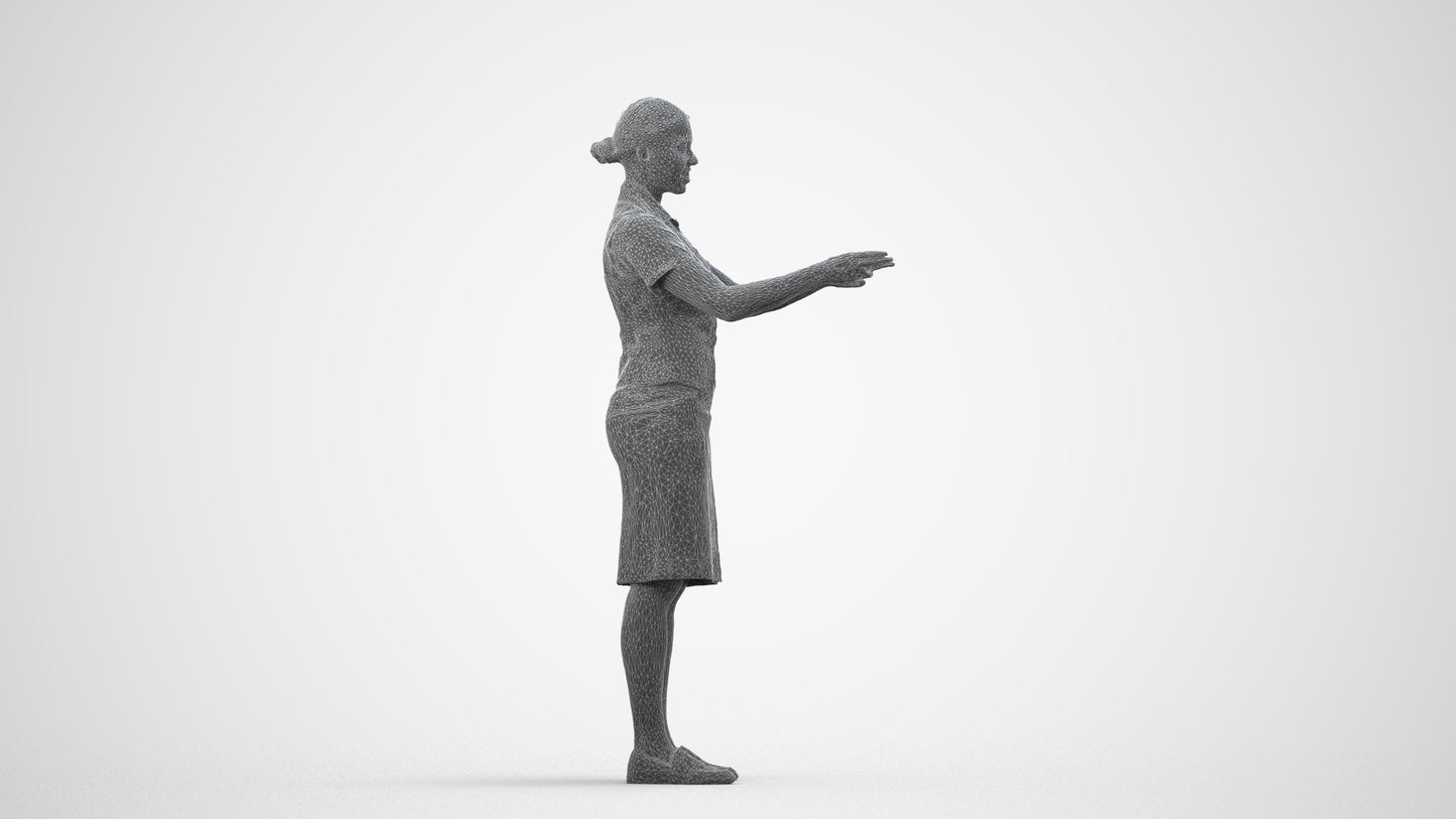 photogrammetry 3D woman hospitality, realistic human model archviz FBX, wireframe side view