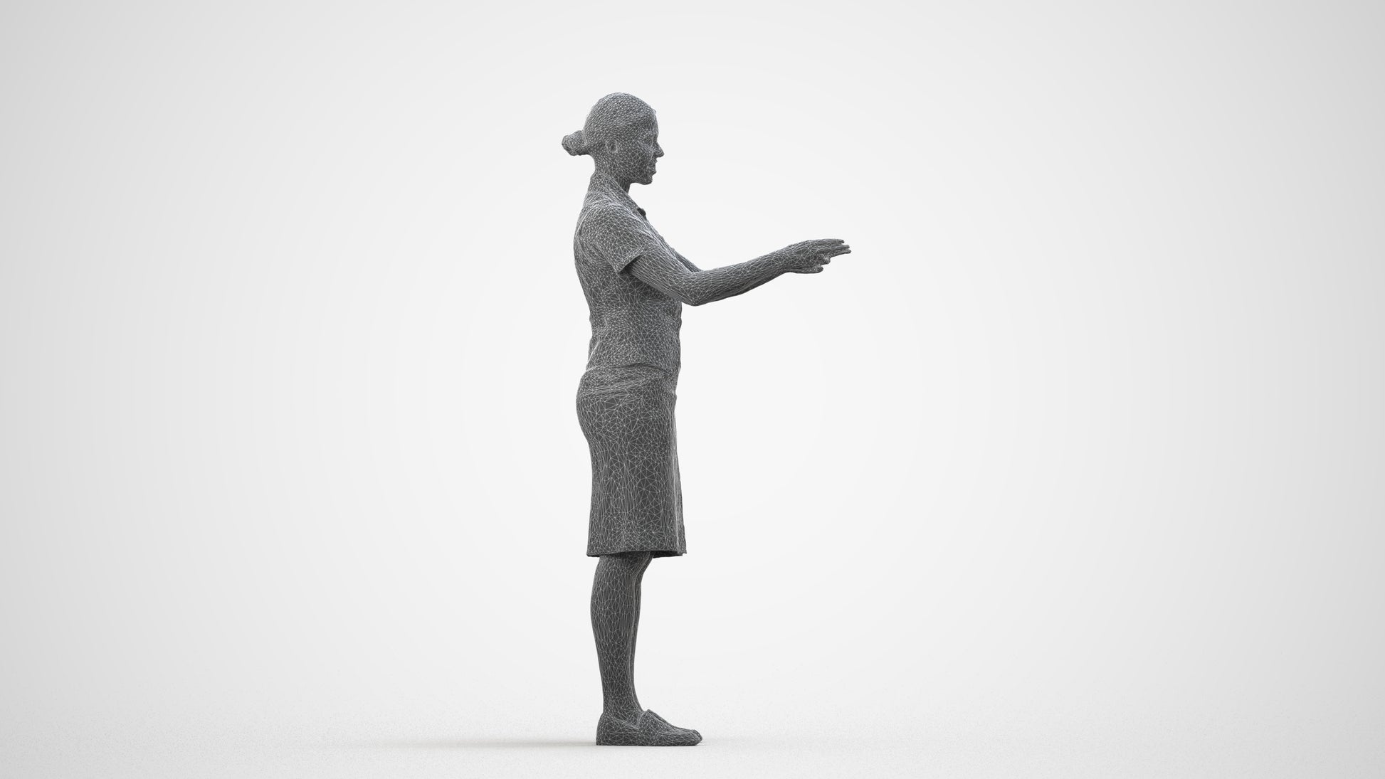 photogrammetry 3D woman hospitality, realistic human model archviz FBX, wireframe side view