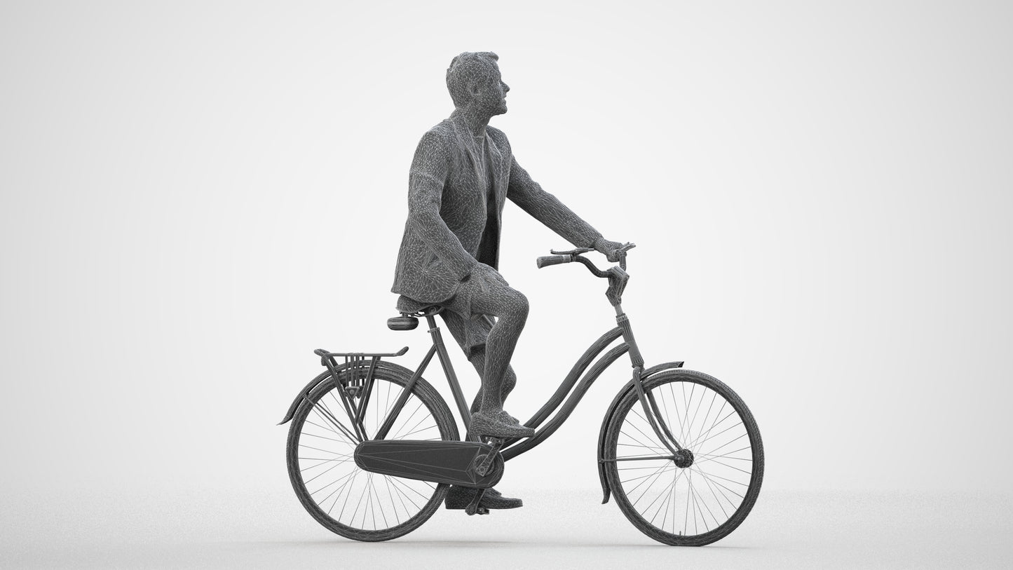 3D scanned man cycling business, photorealistic archviz people for Enscape and SketchUp, wireframe side view